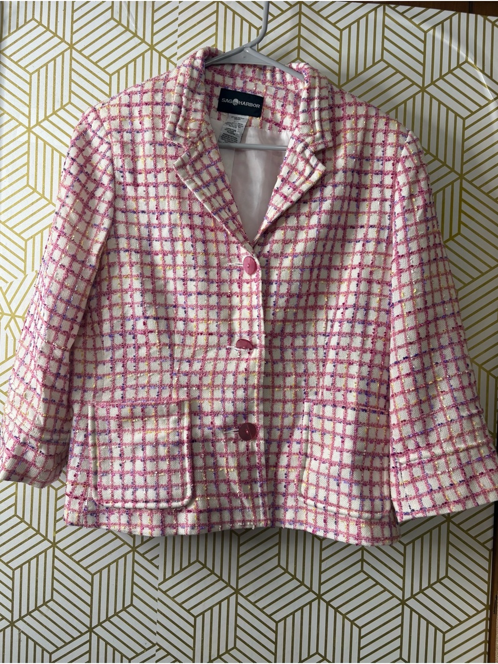 Vintage Sag Harbor Cream Tweed Jacket with Pink & Purple Windowpane size 8